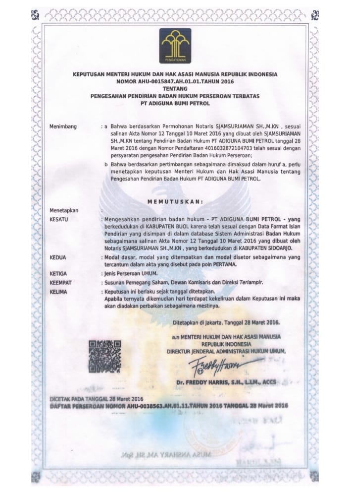 Dokumen legalitas PT. Adiguna Bumi Petrol, lembar 1